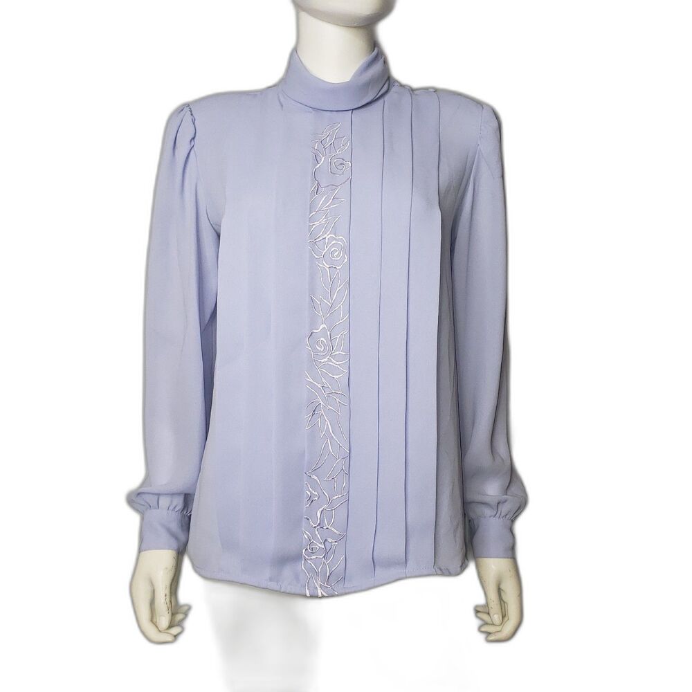 VINTAGE LA BLOUSE Light Purple Blue Blouse with Floral Embroidery Womens Size 12